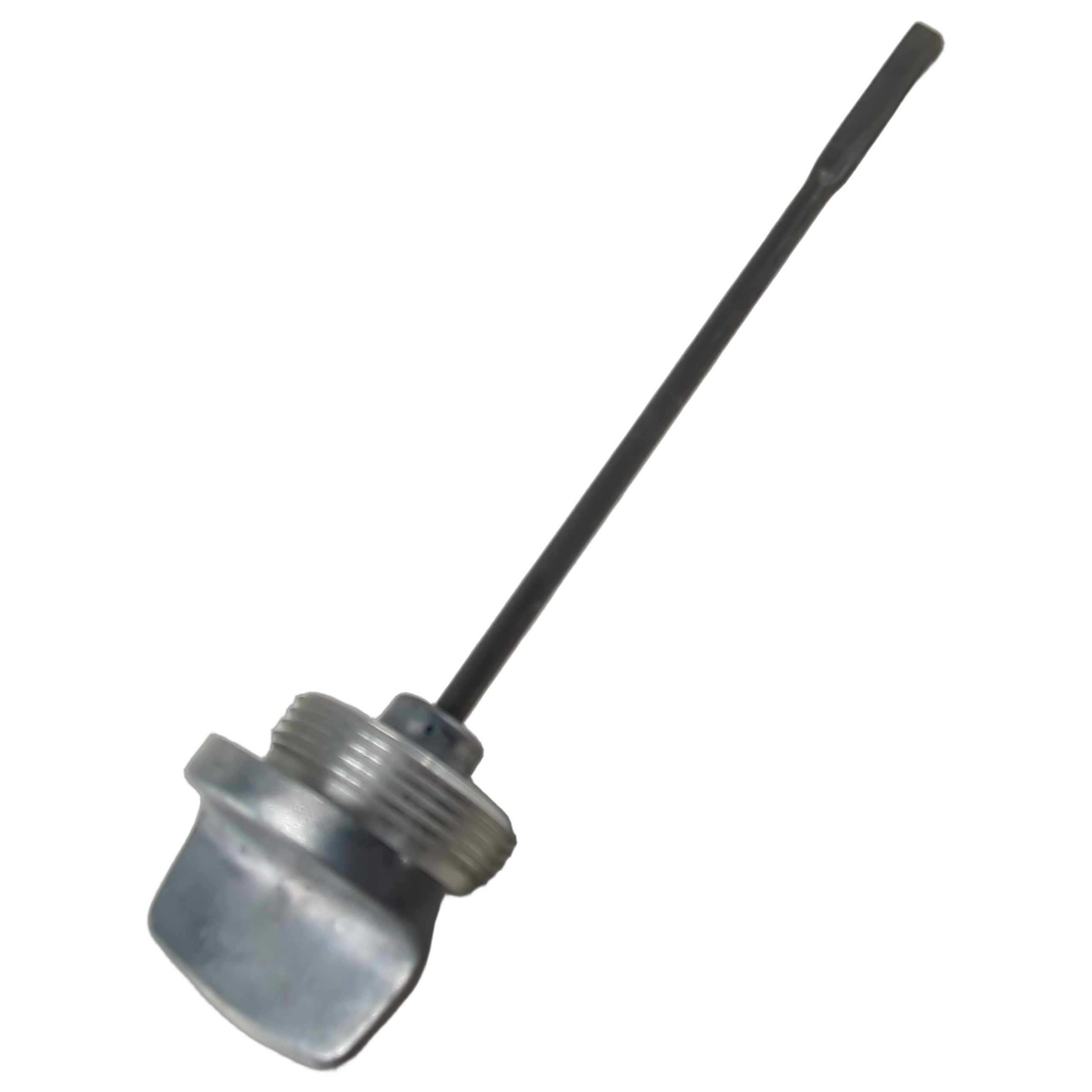 Silver metal oil filler cap with an attached black dipstick rod and threaded base.