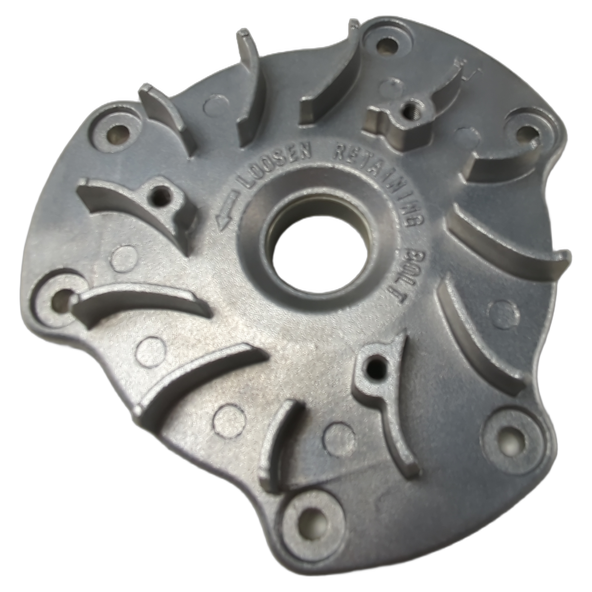 Silver metal cover assembly with curved fins and central circular hole, multiple mounting points.