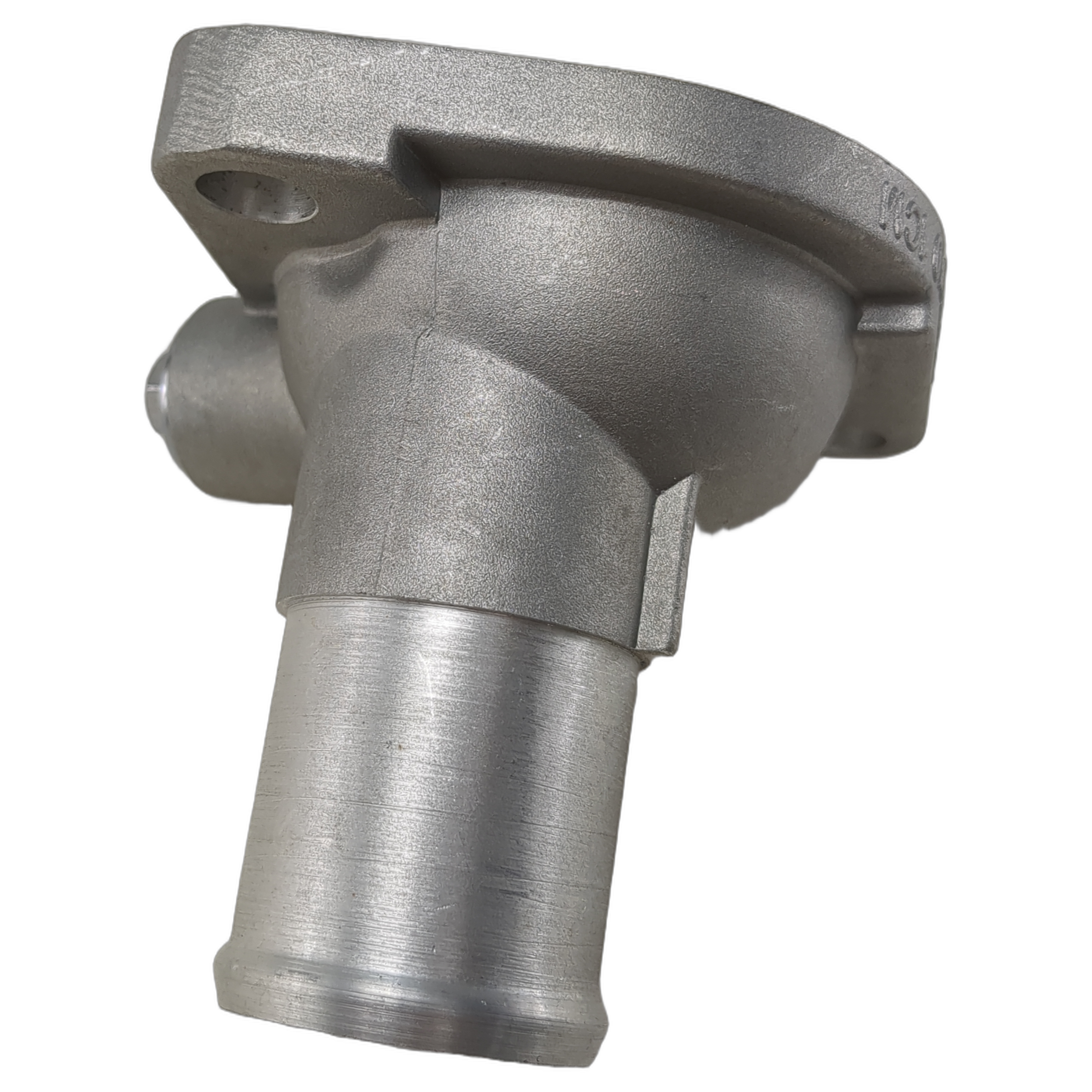 Silver-gray metal thermostat housing with cylindrical outlet and mounting flange with bolt holes.
