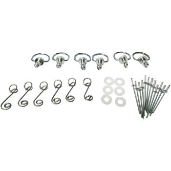 The D-Ring Kit Silver Springs by Cycle Performance Prod. includes 6 ringed anchor bolts, 6 spiral hooks, 6 washers, and 6 rivets—ideal for ABS replacement or racing fiberglass projects—displayed on a white background.