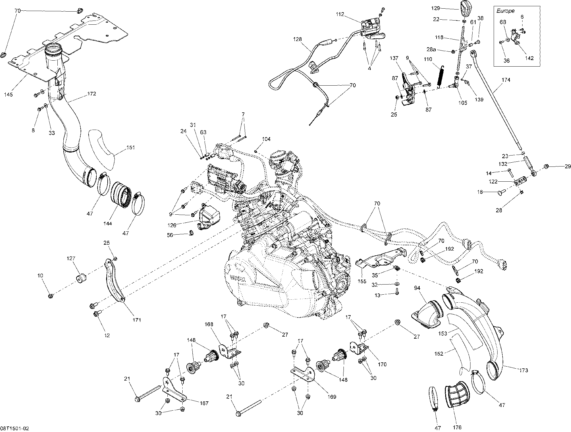 An Image of a Genuine Can-Am Parts Schematic Diagram showing the schematic - ENGINE AND ENGINE SUPPORT _08T1502