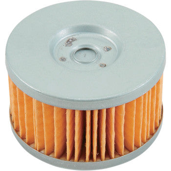 The Suzuki Oil Filter by Emgo features a durable metal top and bottom with high-quality orange pleated filter material around the sides, designed to boost engine longevity.