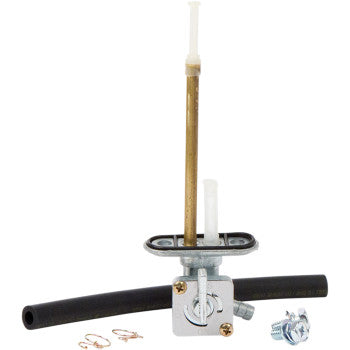 The Kawasaki Petcock Fuel Kit by All Balls includes an OE replacement fuel valve assembly with attached fuel line, brass tubes, mounting hardware, and small metal clips, all shown on a white background.