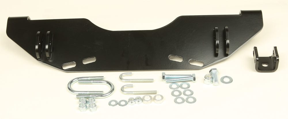 The Honda Foreman TRX500 Provantage Center Snow Plow Mounting Kit by Warn includes a black metal mounting plate with U-bolts, washers, nuts, and bolts arranged for easy installation on your ATV.