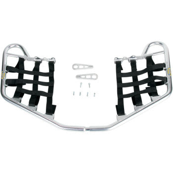 Yamaha Raptor Nerf Bars Silver by Motorsport Products are made from extruded aluminum tubing with black webbing, EZ-fit clamp brackets, and hardware displayed on a white background. Meets ATVA rules for durability and performance.