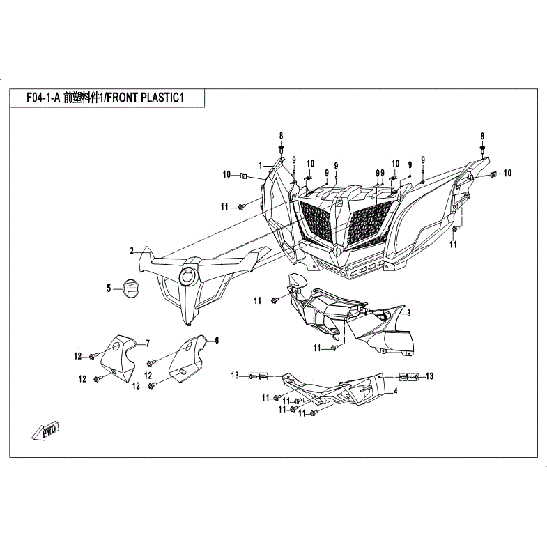 An Image of a Genuine CFMOTO Parts Schematic Diagram showing the schematic - FRONT PLASTICS 1 (WITHOUT COVER - 2018 CFMOTO ZFORCE 800 Trail