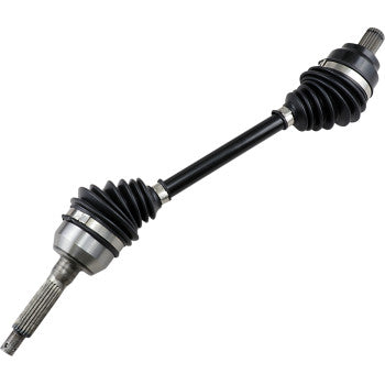 A close-up of the Polaris Axle Kit Complete Super Duty Front Left & Right by Epi, featuring black protective rubber boots and durable steel fittings, isolated on a white background.