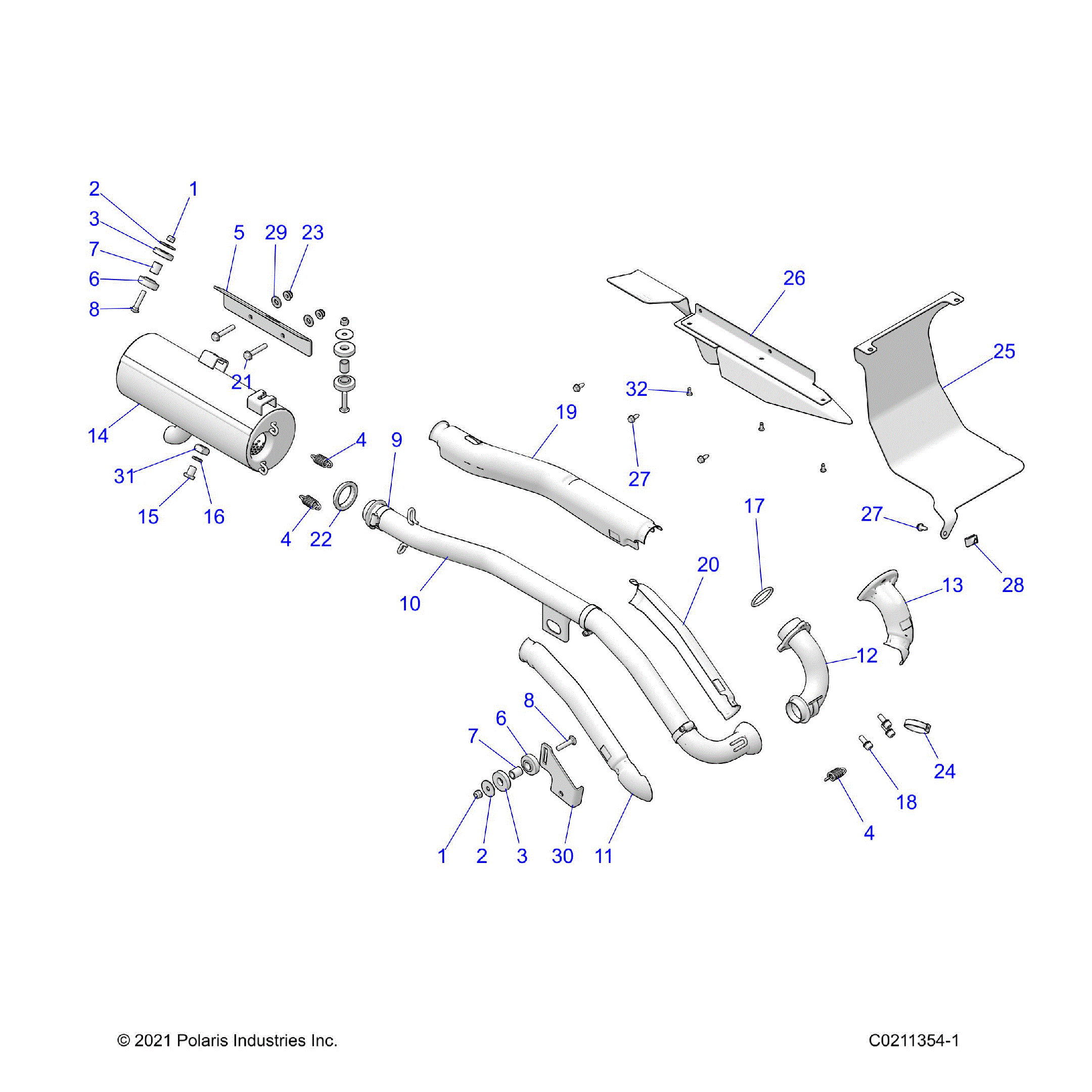 An Image of a Genuine Polaris Parts Schematic Diagram showing the schematic - ENGINE: EXHAUST - 2024 POLARIS SPORTSMAN TOURING 570 EPS