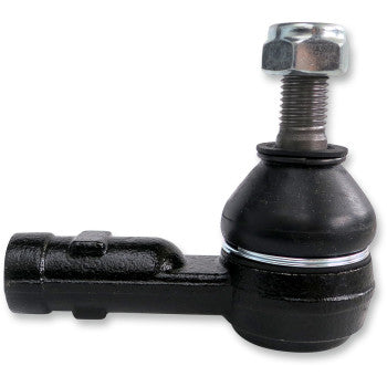 A close-up of the Tie Rod End Left & Right Outer by Epi, a black automotive part with a threaded bolt and nut, designed with OEM quality for durable performance in vehicle steering systems.