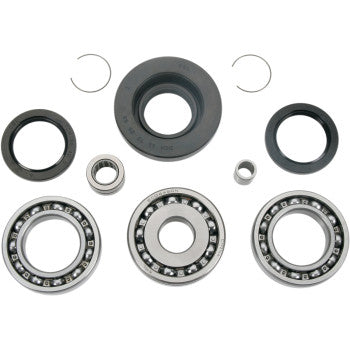 The Honda Differential Bearing Seal Kit Rear by Moose Offroad includes high-speed bearings, TC rubber seals, circlips, and a small cylindrical bearing, all precisely arranged for easy identification on a white background.
