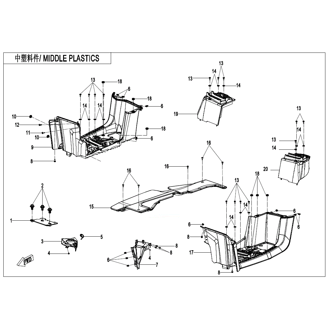 An Image of a genuine CFMOTO Parts Schematic Diagram showing the group - MIDDLE PLASTICS - 2020 CFMOTO CFORCE 600 Touring