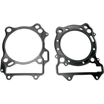 Two black, irregularly shaped gaskets from the Kawasaki - Suzuki - Arctic Cat Standard Bore Cylinder Gasket Kit by Vertex are shown side by side on a white background. They feature multiple holes and cutouts for engine or cylinder rebuild sealing.