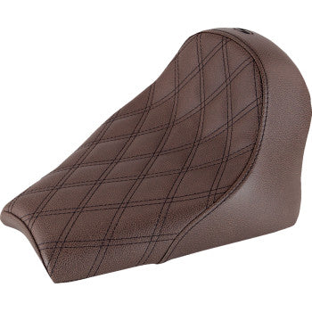The Renegade Solo Lattice Stitched Seat in brown by Saddlemen features a high backrest, lattice stitching, and advanced GelCore technology for superior comfort.