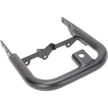 The Kawasaki KFX Fat Grab Bar Black by DG Performance is a black metal U-shaped bracket with two flat arms and a central tab, designed for mounting on oversize or ATV aluminum tubing on compatible devices or surfaces.