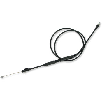 The Polaris Black Vinyl Throttle Cable by Parts Unlimited features metal connectors at both ends and a durable wire core, custom fit for multiple models, shown coiled on a white background.