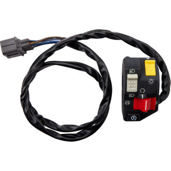 The Honda Switch Block Assembly by Moose Offroad features a coiled black wire, black plastic handlebar switch, red/yellow/white buttons with symbols, and a reverse override—ideal for versatile replacement block applications.