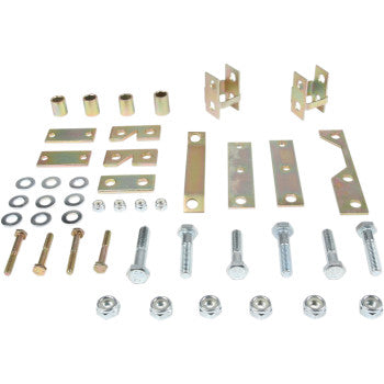 The Lift Kit Front Back 2.00 by High Lifter includes assorted metal hardware—bolts, nuts, washers, spacers, brackets, and plates—ideal for boosting clearance in UTV or ATV projects. All parts are organized in rows on a white background.