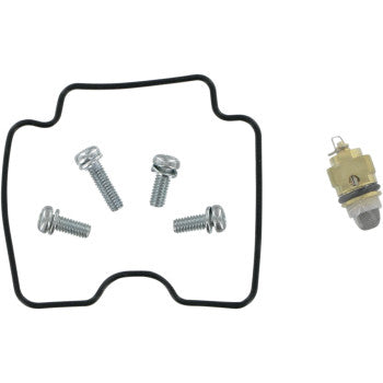 Laid out on a white background, the Yamaha Carburetor Repair Kit by K&L Supply includes a black gasket, four silver screws, and a small brass and silver needle and seat valve with a spring—ideal for carburetor repairs.