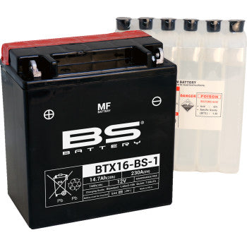 A black, maintenance-free Battery BTX16 BS 1 (YTX) by Bs Battery with a sealed design is displayed beside a clear plastic acid pack featuring six compartments and warning labels.