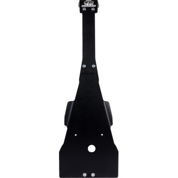 The Kawasaki KFX Skid Plate Black by T.M. Designworks features mounting holes, a small rectangular logo at the top, and is lighter than aluminum. Shown against a white background, its designed for vehicle undercarriage protection.