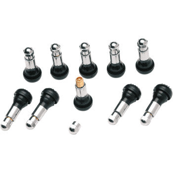 Ten Valve Stem Pull In Black Chrome by Dill Air Controls with black rubber bases are arranged in rows on a white background, accompanied by a silver valve cap and a brass valve core.