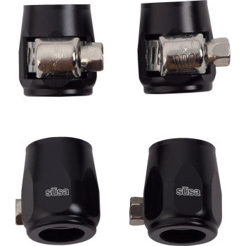 Set of four black metal cylinder-shaped hose finishers with silver rotating mechanisms, shown from various angles. Two feature the Süsa brand, similar to Hose Finishers - Black - 4-Pack by Jagg Oil Coolers used in oil hose clamp setups.