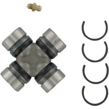 The Kawasaki - Suzuki ATV Universal Joint by Epi features four metal bearing caps, a grease zerk, and four black retaining clips on a white background—ideal for OEM replacements and compatible with most universal joints.