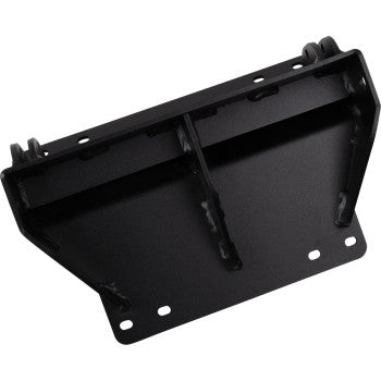 Black metal plow mount bracket with reinforced support bars and multiple mounting holes.