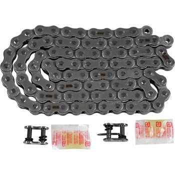 The 520 Max O Drive Chain by RK features 90 coiled metal O-ring links, includes 2 connecting links and 2 grease packets, and is displayed on a white background. Renowned for high tensile strength.