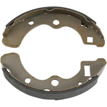 Kawasaki Mule Brake Shoes 9204 by Dp Brakes: Two curved metal components with holes and slots, featuring sintered-metal pads for fade-free performance. Durable replacement pads ideal for drum brake systems.