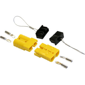 Two yellow Quick Connect Ends by Kfi Products, two black crimp connectors with attached silver wires, and four silver 6-8 gauge terminal pins are displayed on a white surface.