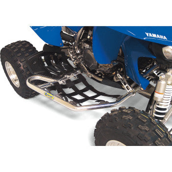 Close-up of a blue Yamaha ATV featuring the front tire, suspension, and Motorsport Products Yamaha YFZ Nerf Bars Silver with black webbing for rider foot protection installed along the side.