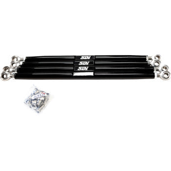 Set of four black metal Polaris RZR Pro radius rods with silver rod ends and mounting hardware kit.