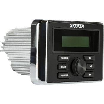 The Bluetooth Media Center Square by Kicker features a black front panel, digital screen, control knob, labeled buttons, a large silver heat sink for cooling, and an integrated 200W amplifier.