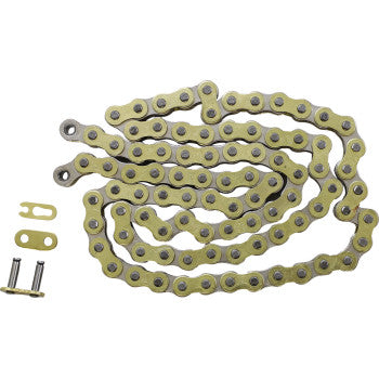 The Pro MX 428 RXP Chain Gold 90 Links by Moose Offroad features a high-tensile coiled metallic design with gold outer plates, yellowish inner links, and includes a separate quick link and connector pieces for easy assembly.