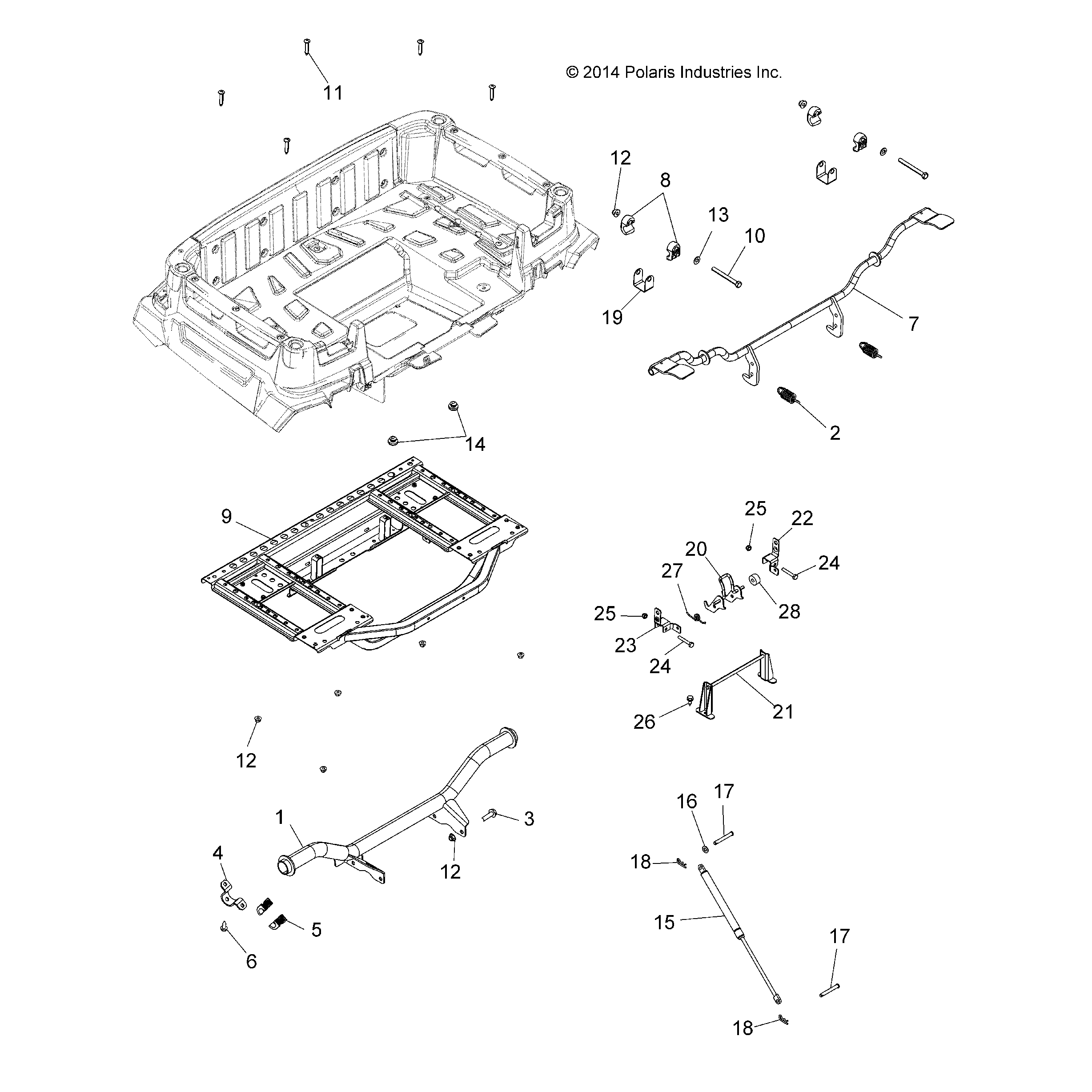 An Image of a Genuine Polaris Parts Schematic Diagram showing the schematic - BODY: REAR BOX FRAME AND PIVOT - 2018 POLARIS SPORTSMAN 570 EFI X2 EPS