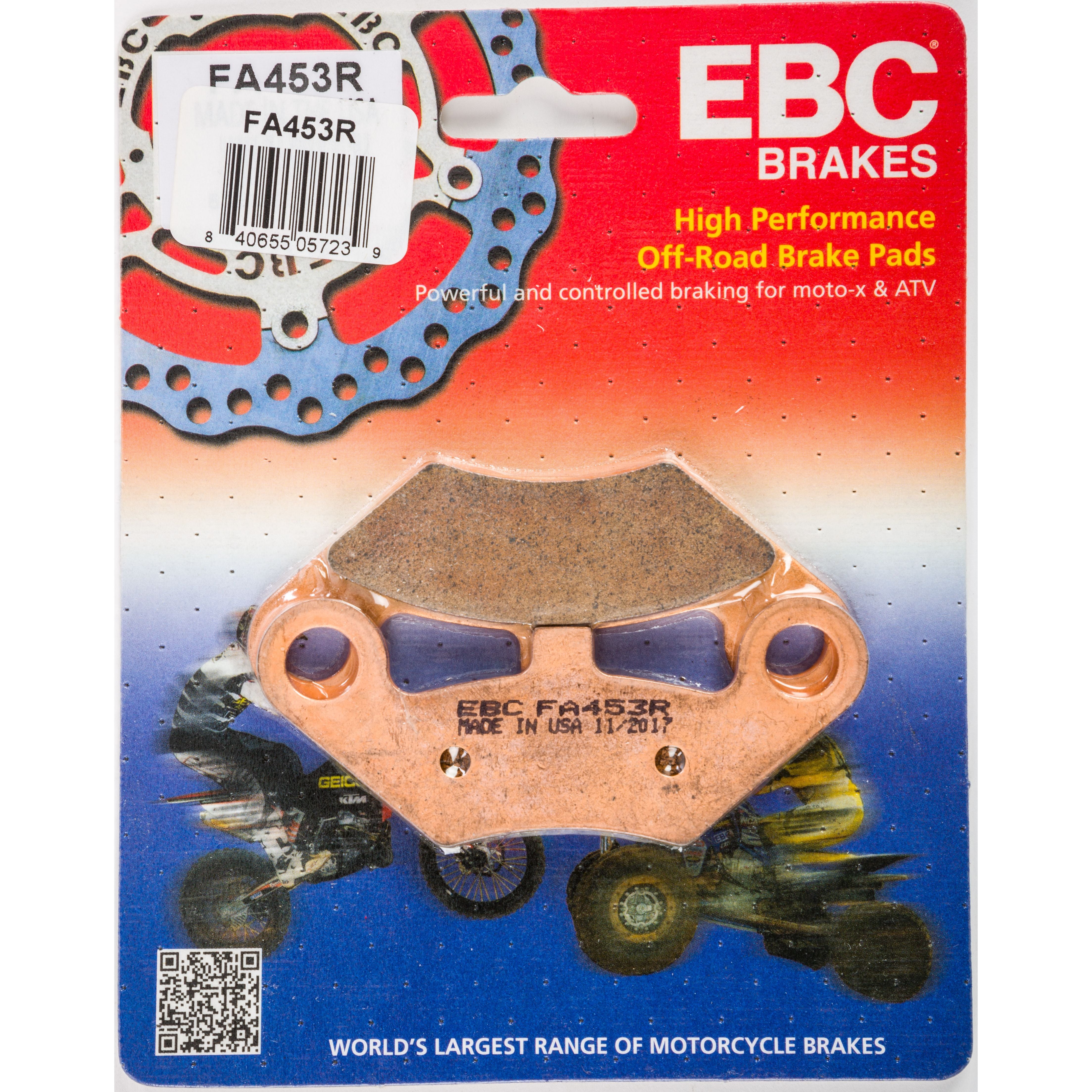 Copper-colored EBC brake pad with friction material, displayed on red and orange branded packaging.