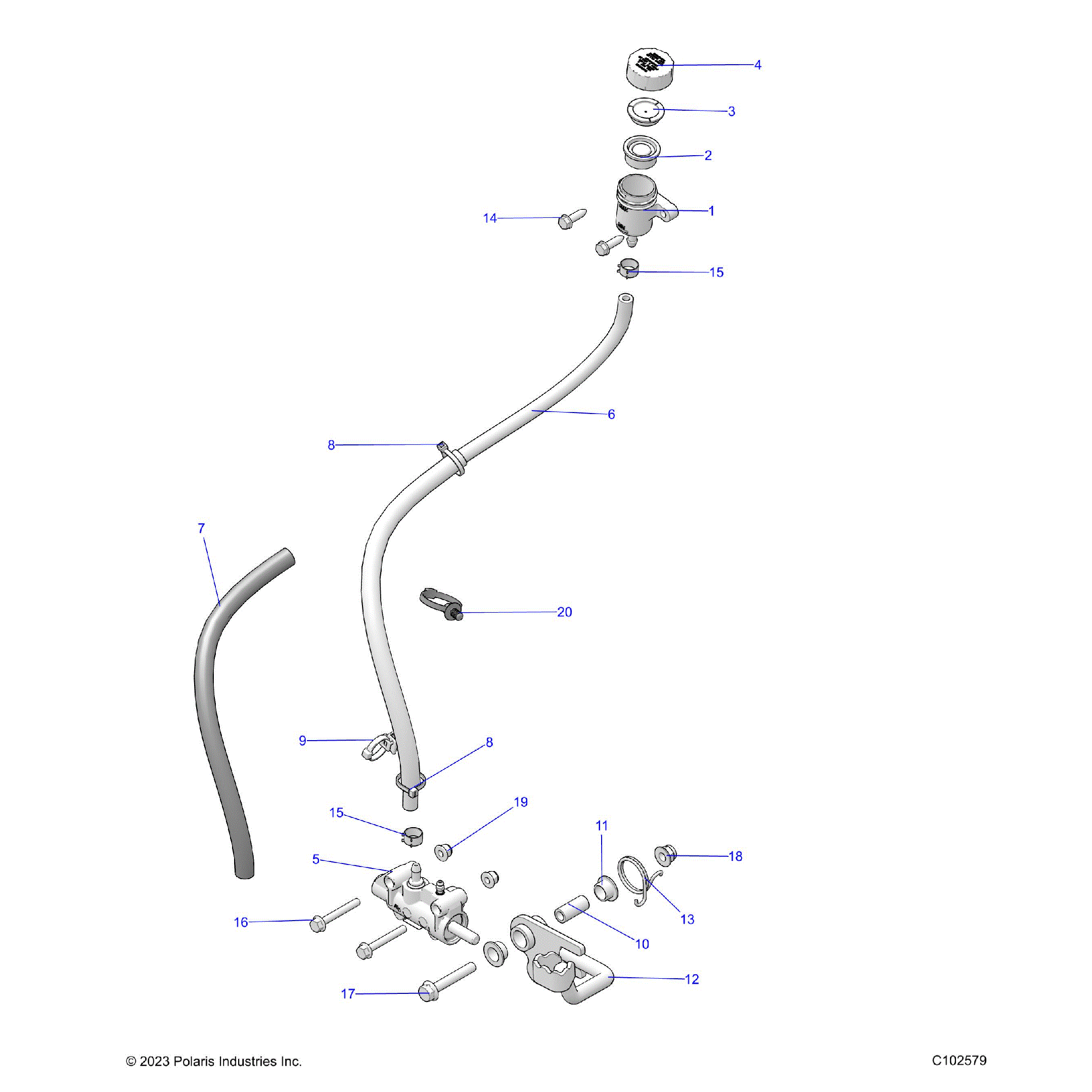 An Image of a Genuine Polaris Parts Schematic Diagram showing the schematic - BRAKES: BRAKE PEDAL and MASTER CYLINDER - 2024 POLARIS SPORTSMAN 570 PREMIUM