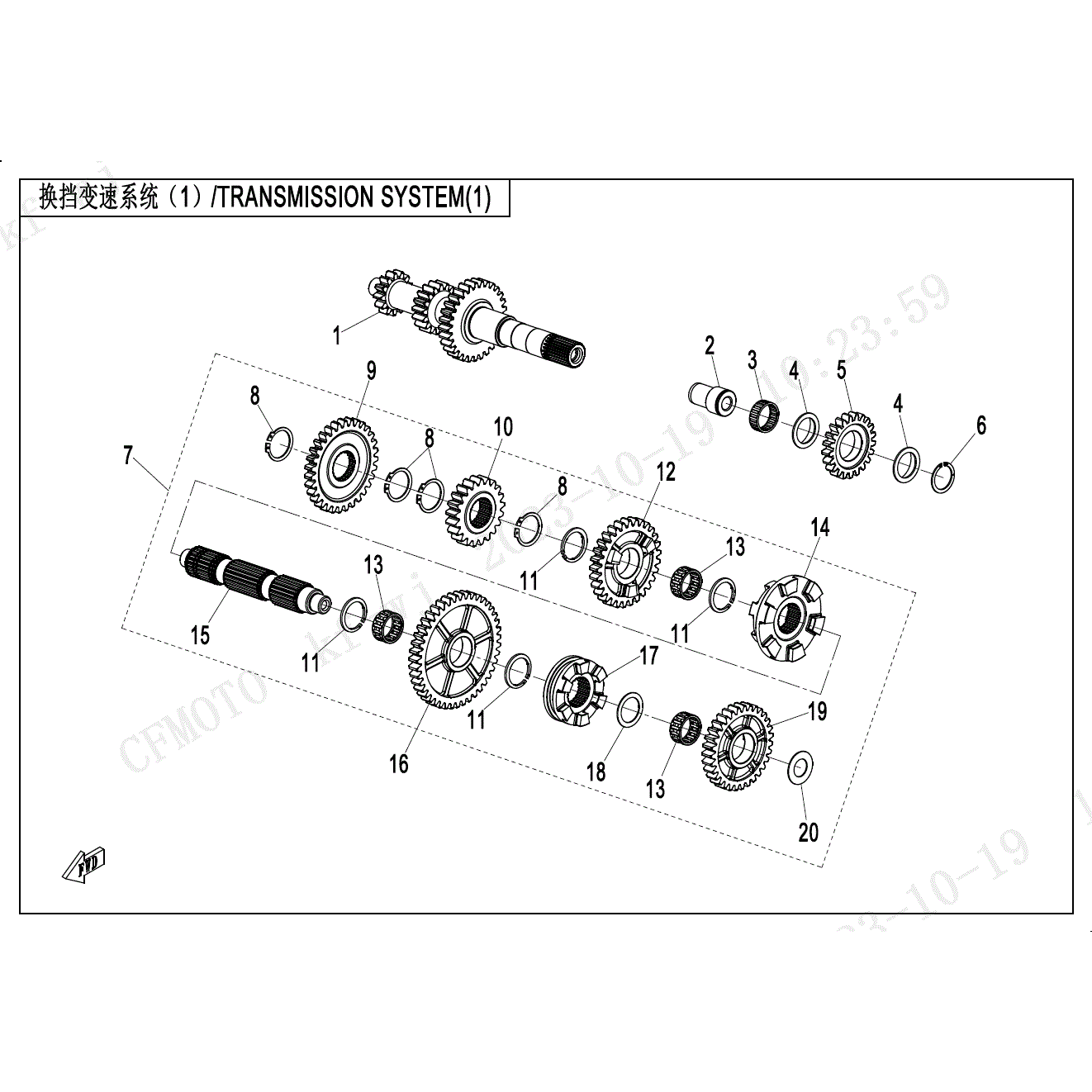 An Image of a genuine CFMOTO Parts Schematic Diagram showing the group - TRANSMISSION SYSTEM (1) - 2025 CFMOTO CFORCE 1000 TOURING