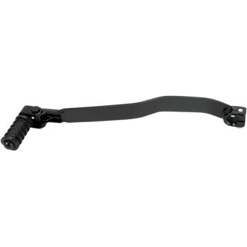 The Kawasaki Folding Shift Lever by Emgo is a black steel motorcycle shift lever with hardened splines, a rubber-coated toe peg, and a mounting bracket, shown on a white background.