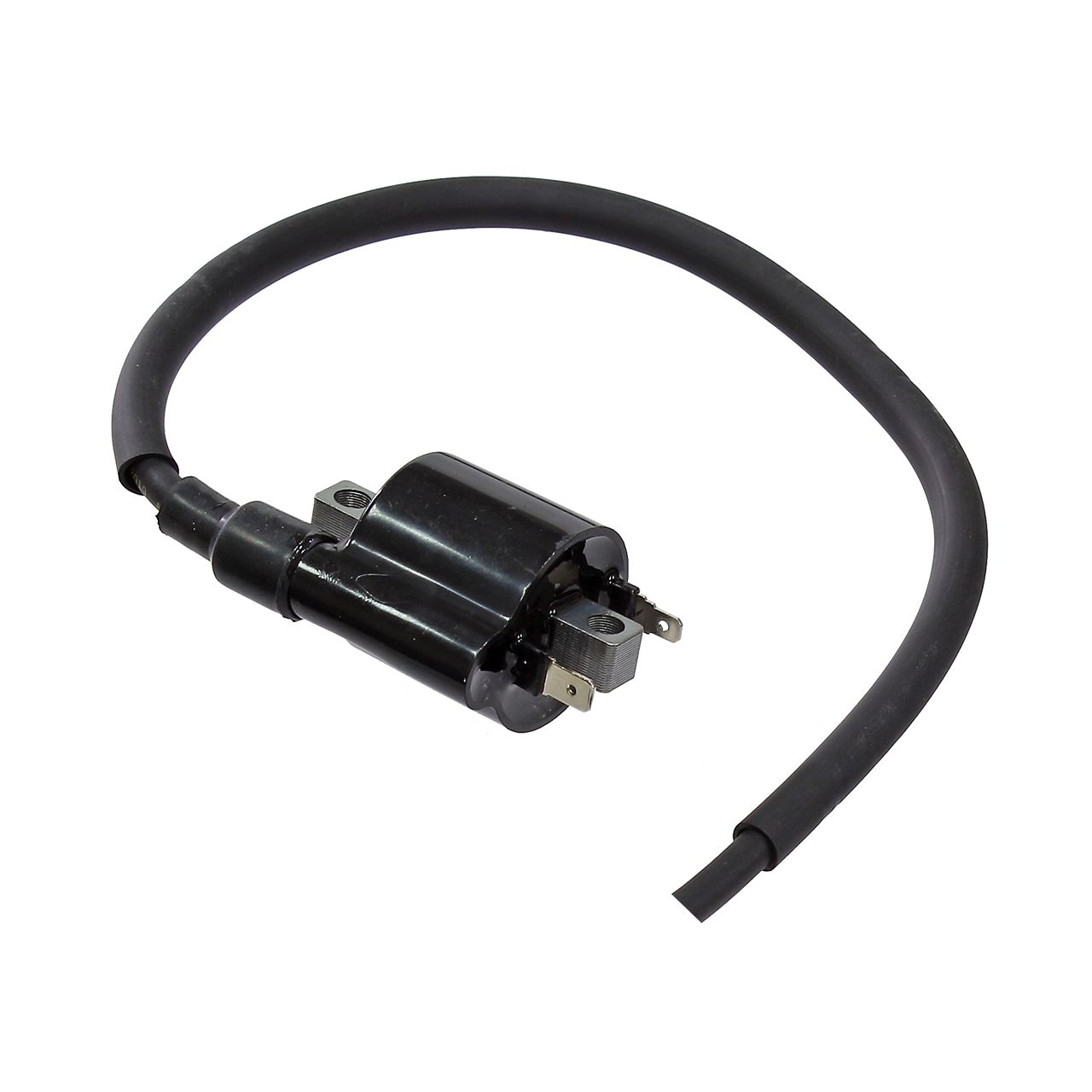 A Yamaha UTV/ATV Ignition Coil by Bronco in black, featuring an attached spark plug wire coiled in a loop. The metal terminals and mounting points are visible, all isolated on a white background.