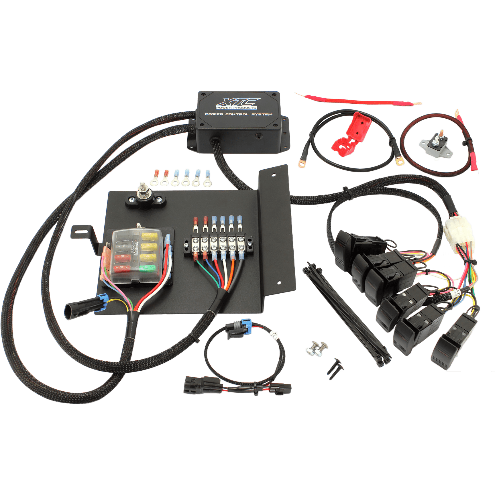 Plug N Play Power Control 6 Switch Included by XTC Power kit, featuring a fuse block, strobe rocker switch, complete wiring, relays, connectors, mounting hardware, and XTC control module—all displayed on a white surface.