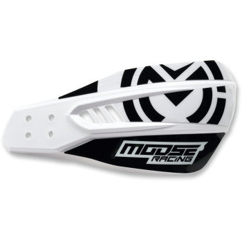 Qualifier Hand Guards White by Moose Offroad: white and black plastic handguards for motorcycles or dirt bikes with Moose Racing logo, bold graphics, and durable aluminum mounting brackets for secure installation.