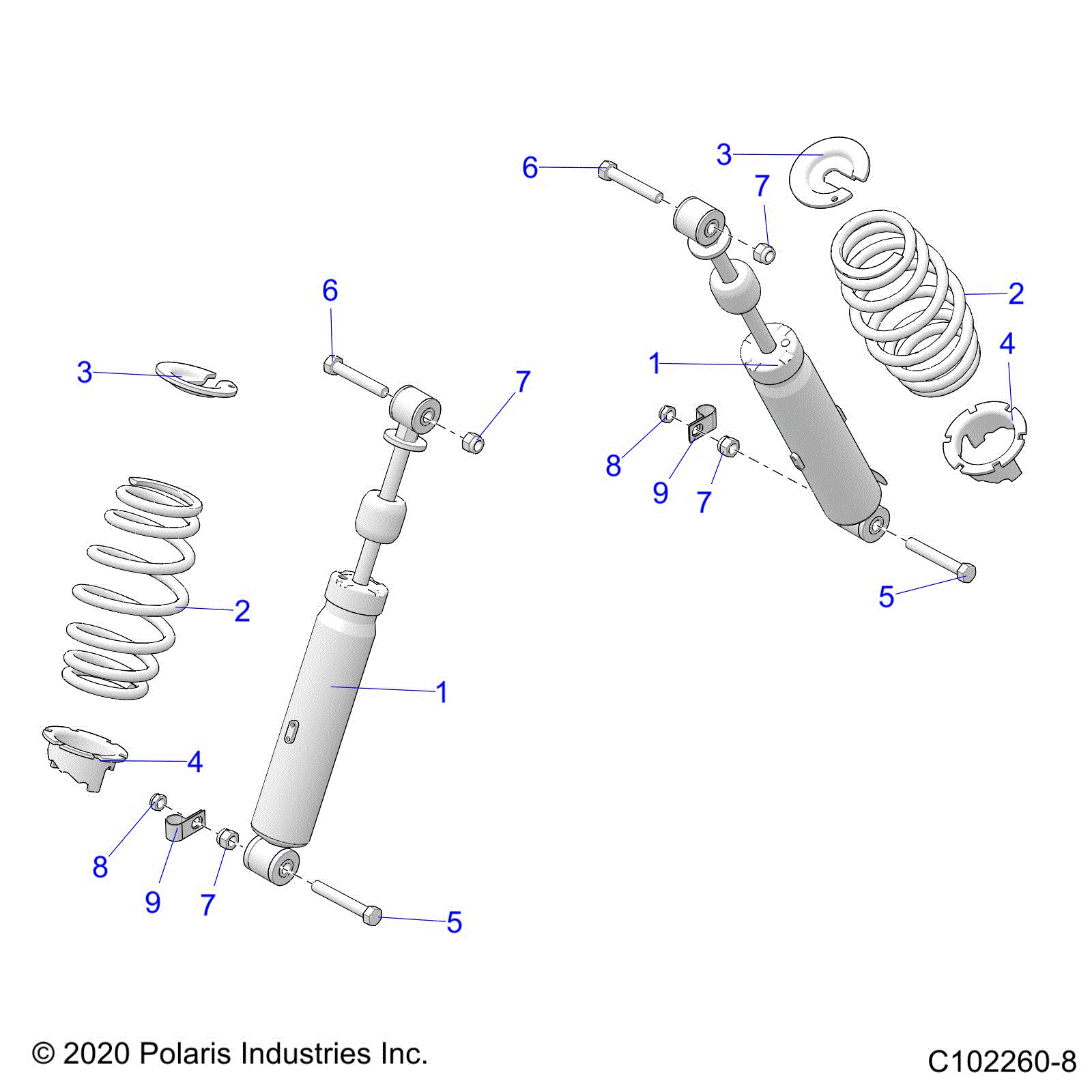 An Image of a Genuine Polaris Parts Schematic Diagram showing the schematic - SUSPENSION: FRONT SHOCK - 2024 POLARIS SPORTSMAN 570 HUNTER EDITION