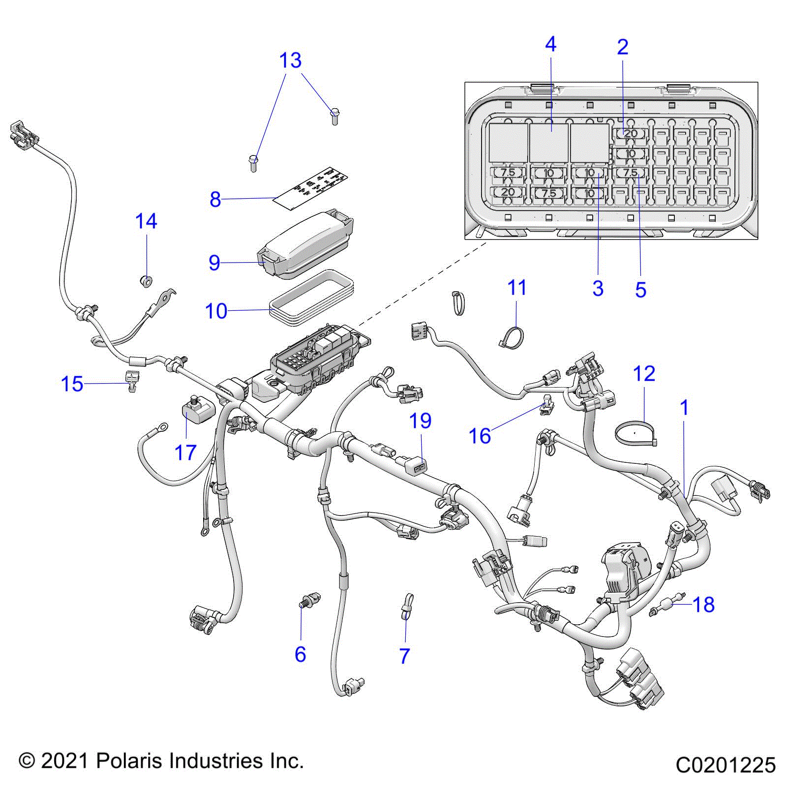 An Image of a Genuine Polaris Parts Schematic Diagram showing the schematic - ELECTRICAL: WIRE HARNESS and FUSES - 2025 POLARIS OUTLAW 70