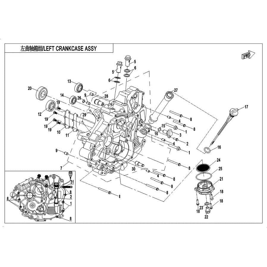 An Image of a Genuine CFMOTO Parts Schematic Diagram showing the schematic - LEFT CRANKCASE ASSY. - 2019 CFMOTO UFORCE 500