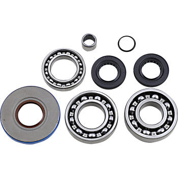 The Differential Bearing Seal Kit Rear by Epi includes various ball bearings, oil-resistant NBR seals, and a needle bearing in different sizes and types arranged on a white background.
