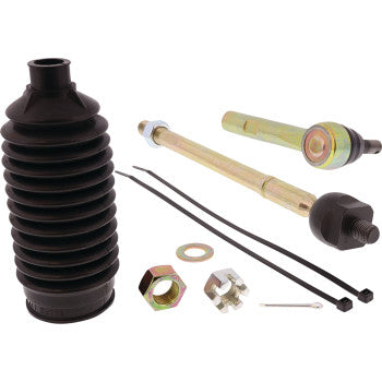 The Tie Rod End Kit Left & Right Hand by Moose Offroad includes direct replacement tie-rod ends, a rubber bellows boot, nut, washer, cotter pin, and two black zip ties, all displayed on a white background.