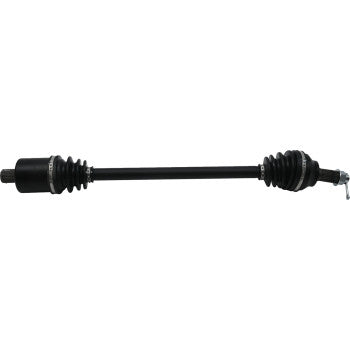 Black metal Polaris RZR rear axle kit with rubber protective boots on both ends and threaded connectors.
