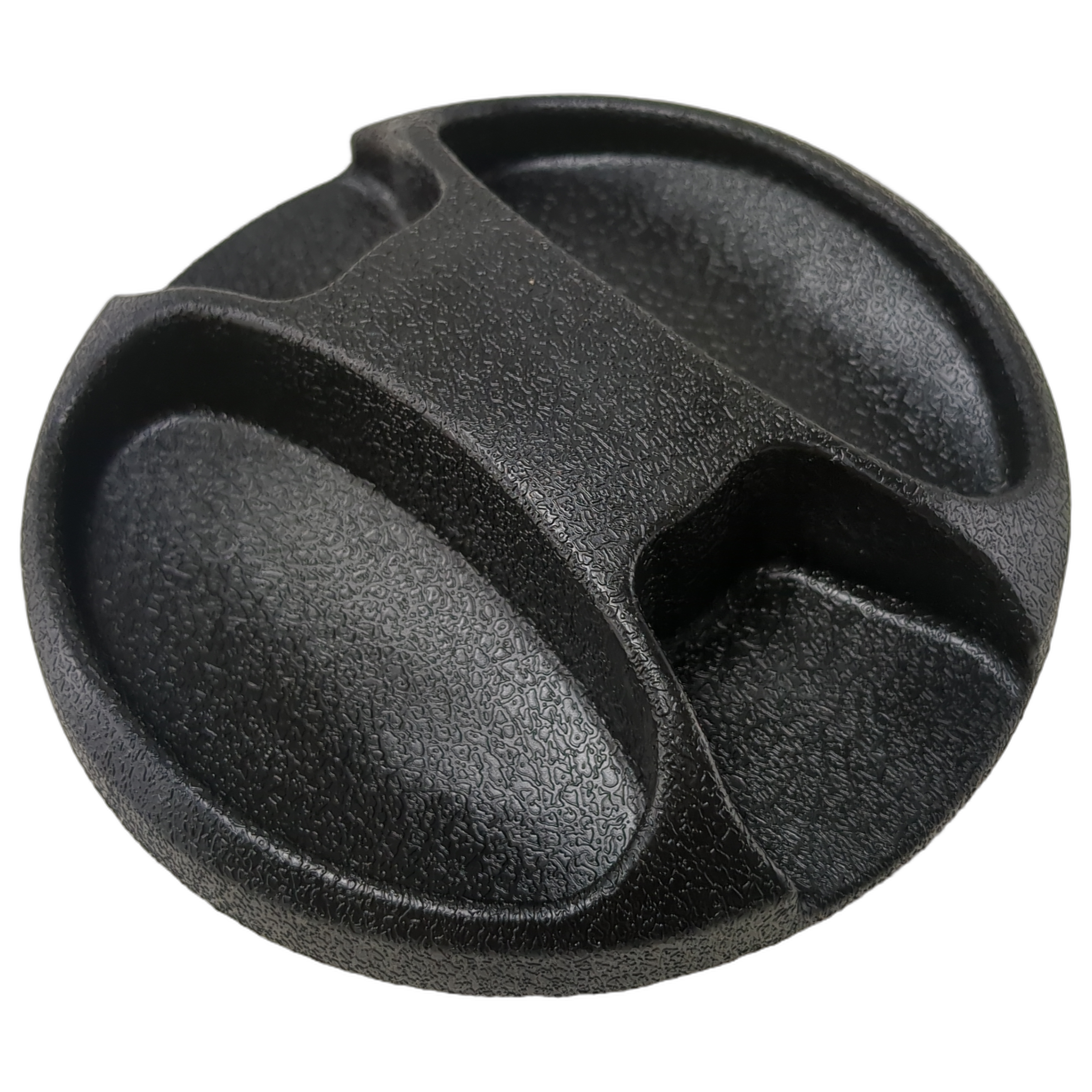 Black textured plastic fuel tank cap with grooved grip sections and central locking feature.